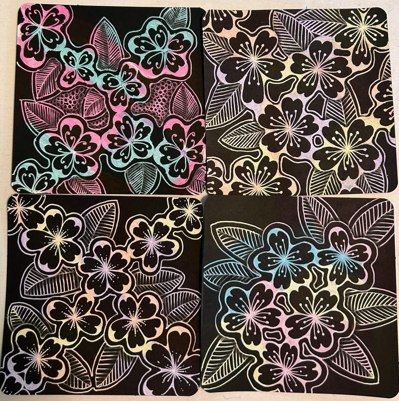 Zentangle collage with intricate black and white patterns