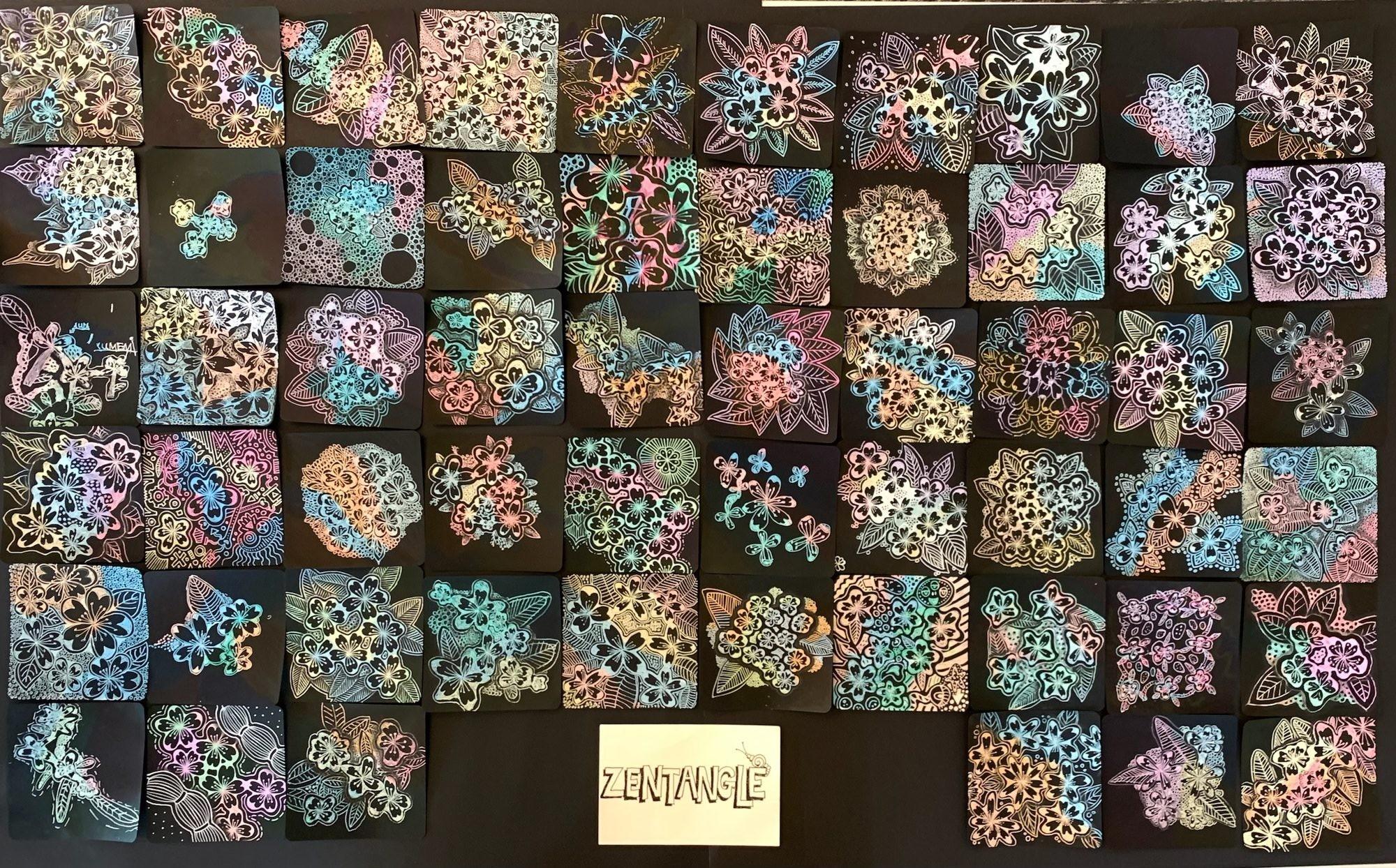 Collaborative Zentangle collage tile created by workshop participants